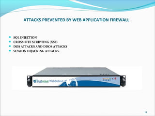 ATTACKS PREVENTED BY WEB APPLICATION FIREWALL
 SQL INJECTION
 CROSS-SITE SCRIPTING (XSS)
 DOS ATTACKS AND DDOS ATTACKS
 SESSION HIJACKING ATTACKS
14
 