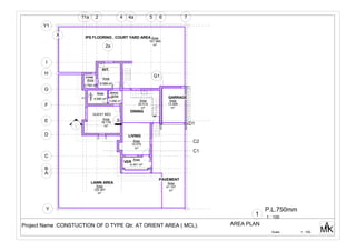 UP
1
3
5 6
A
B
C
D
F
G
H
I
2 4
C1
C2
D1
1a
G1
E -
---
6.441 m²
Area
15.570
m²
Area
16.178
m²
Area
4.680 m²
Area
2.790 m²
Area
9.588 m²
Area
13.366
m²
Area3.286 m²
Area
20.514
m²
Area
KIT.
GUEST BED
TOILET
STORE
LIVING
DINING
GARRAGE
VER
SPACE
107.969
m²
AreaIPS FLOORING , COURT YARD AREA
41.107
m²
Area
PAVEMENT
125.367
m²
Area
LAWN AREA
2a
74a
X
Y
Y1
Scale MKA
1 : 100
AREA PLANProject Name :CONSTUCTION OF D TYPE Qtr. AT ORIENT AREA ( MCL).
1 : 100
P.L.750mm
1
 