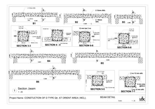 0.300
4.850
0.350
B5
5.100
0.350
B6
1.800
0.300
B3
3.250
0.300
B1
0.300
B2
SECTION 3-3
6
6
2 12mm Alth.
2 -16mm
Alth.
2 no 12
mm bar
16mm 2 no
8 mm strp @
200c/c
300
250 mm
3
3
2 12mm Alth.
2 -16mm
Alth.
300
16mm 2 no
250 mm
8 mm strp
@200c/c
SECTION 6-6
SECTION 8-8
2 no 12
mm bar
8 mm strp
@200c/c
300
250 mm
4
4
3 no 16 mm bar
12 mm 2 no
8 mm strp.
@200c/c
SECTION 4 - 4
6
6
3
3 5
5
12 mm bar 2 no
3.500
2 no 12 mm alth.
2 no 12 mm alth.
8 mm strp
@20c/c
SECTION 7-7
3.857 B4
0.35m
3no 16 mm bar
2 no 12 mm
alth.
8 mm strp
@200c/c
SECTION 5-5
2 no16 mm
alth.
Scale MKA
1 : 25
BEAM DETAILProject Name :CONSTUCTION OF D TYPE Qtr. AT ORIENT AREA ( MCL).
1 : 25
Section ,beam
1
 