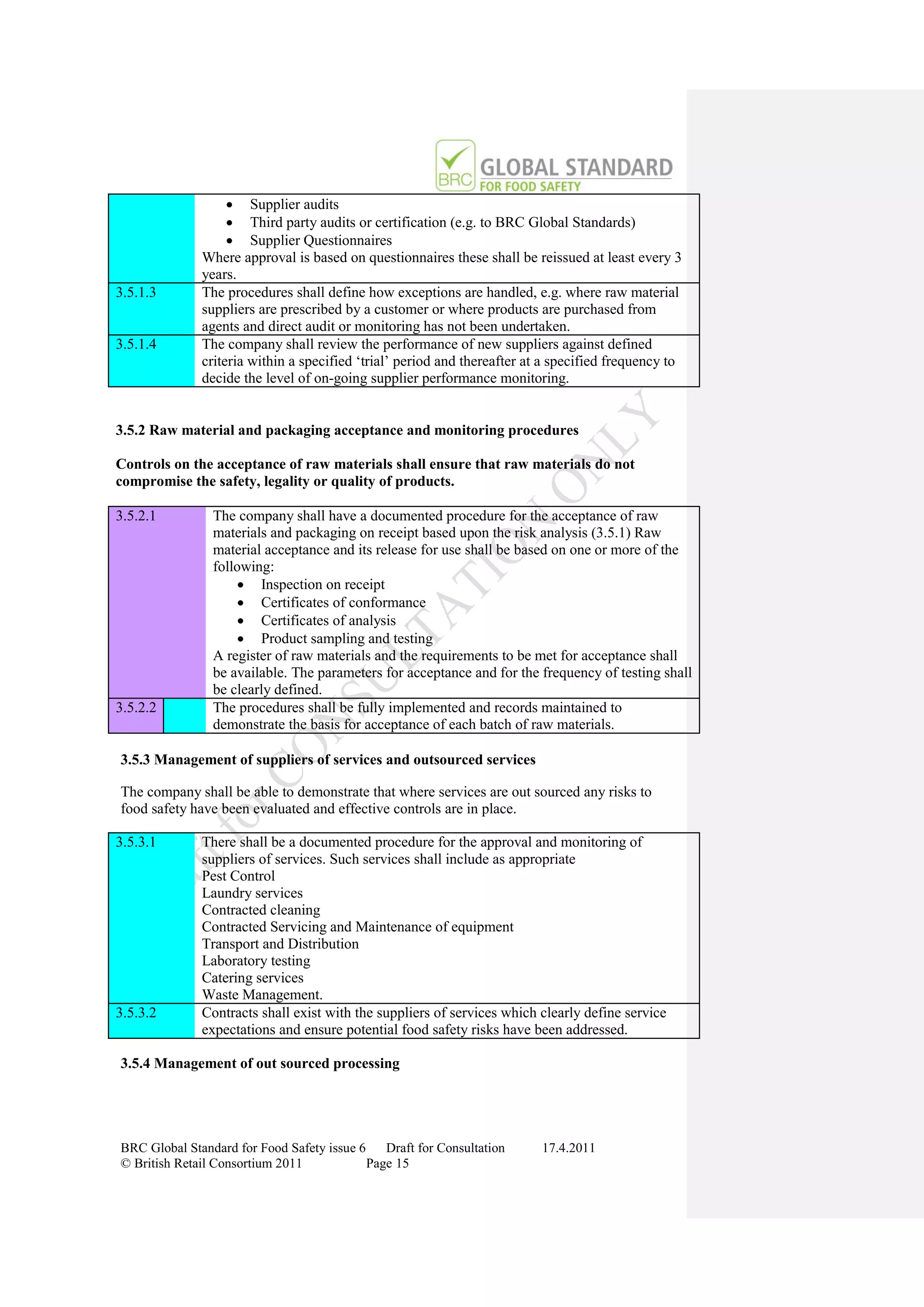  Supplier audits
                    Third party audits or certification (e.g. to BRC Global Standards)
                    Supplier Questionnaires
              Where approval is based on questionnaires these shall be reissued at least every 3
              years.
3.5.1.3       The procedures shall define how exceptions are handled, e.g. where raw material
              suppliers are prescribed by a customer or where products are purchased from
              agents and direct audit or monitoring has not been undertaken.
3.5.1.4       The company shall review the performance of new suppliers against defined
              criteria within a specified „trial‟ period and thereafter at a specified frequency to
              decide the level of on-going supplier performance monitoring.


3.5.2 Raw material and packaging acceptance and monitoring procedures

Controls on the acceptance of raw materials shall ensure that raw materials do not
compromise the safety, legality or quality of products.

3.5.2.1         The company shall have a documented procedure for the acceptance of raw
                materials and packaging on receipt based upon the risk analysis (3.5.1) Raw
                material acceptance and its release for use shall be based on one or more of the
                following:
                      Inspection on receipt
                      Certificates of conformance
                      Certificates of analysis
                      Product sampling and testing
                A register of raw materials and the requirements to be met for acceptance shall
                be available. The parameters for acceptance and for the frequency of testing shall
                be clearly defined.
3.5.2.2         The procedures shall be fully implemented and records maintained to
                demonstrate the basis for acceptance of each batch of raw materials.

3.5.3 Management of suppliers of services and outsourced services

The company shall be able to demonstrate that where services are out sourced any risks to
food safety have been evaluated and effective controls are in place.

3.5.3.1       There shall be a documented procedure for the approval and monitoring of
              suppliers of services. Such services shall include as appropriate
              Pest Control
              Laundry services
              Contracted cleaning
              Contracted Servicing and Maintenance of equipment
              Transport and Distribution
              Laboratory testing
              Catering services
              Waste Management.
3.5.3.2       Contracts shall exist with the suppliers of services which clearly define service
              expectations and ensure potential food safety risks have been addressed.

3.5.4 Management of out sourced processing




BRC Global Standard for Food Safety issue 6    Draft for Consultation     17.4.2011
© British Retail Consortium 2011            Page 15
 