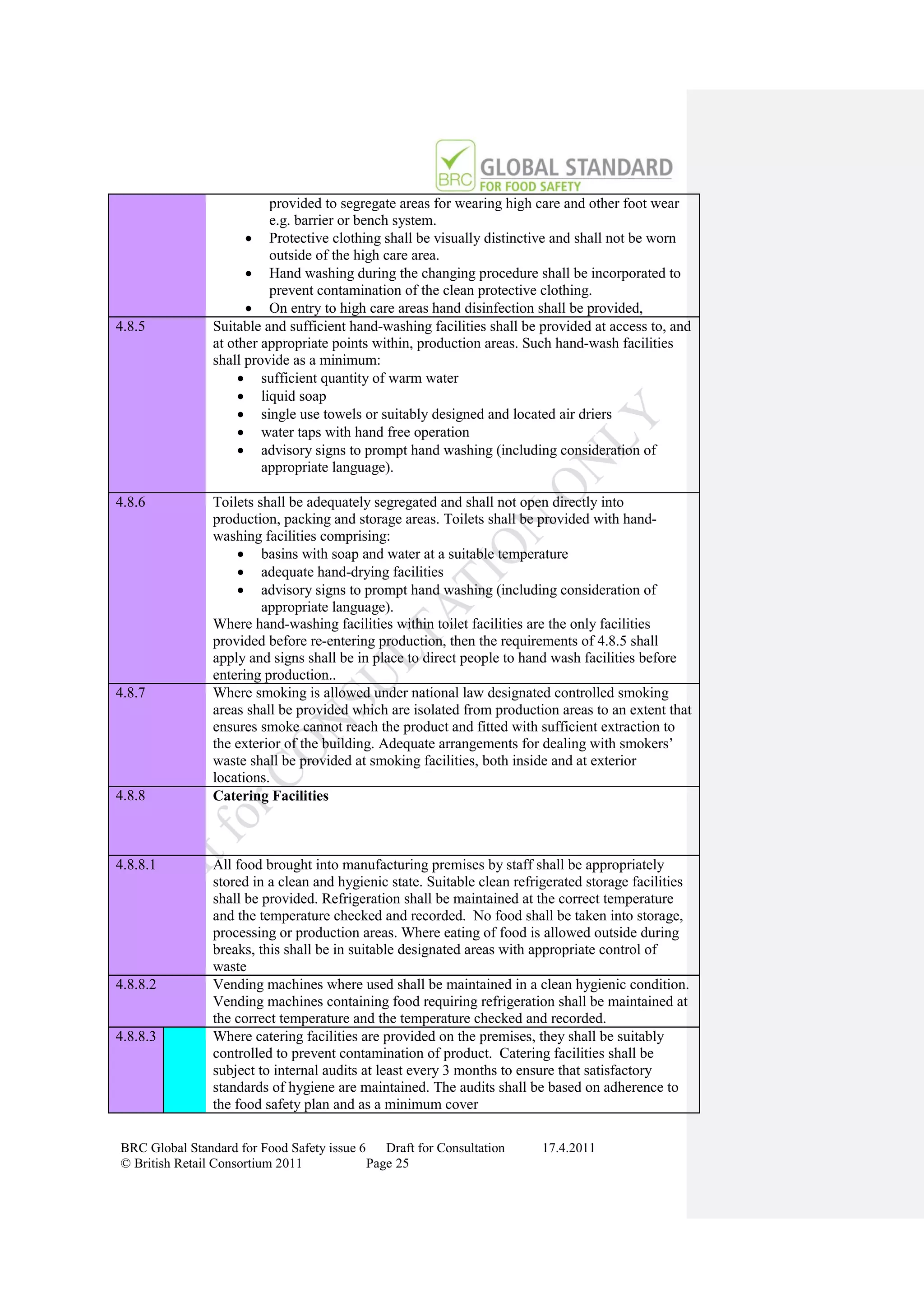 provided to segregate areas for wearing high care and other foot wear
                          e.g. barrier or bench system.
                       Protective clothing shall be visually distinctive and shall not be worn
                          outside of the high care area.
                       Hand washing during the changing procedure shall be incorporated to
                          prevent contamination of the clean protective clothing.
                       On entry to high care areas hand disinfection shall be provided,
4.8.5           Suitable and sufficient hand-washing facilities shall be provided at access to, and
                at other appropriate points within, production areas. Such hand-wash facilities
                shall provide as a minimum:
                      sufficient quantity of warm water
                      liquid soap
                      single use towels or suitably designed and located air driers
                      water taps with hand free operation
                      advisory signs to prompt hand washing (including consideration of
                         appropriate language).

4.8.6           Toilets shall be adequately segregated and shall not open directly into
                production, packing and storage areas. Toilets shall be provided with hand-
                washing facilities comprising:
                     basins with soap and water at a suitable temperature
                     adequate hand-drying facilities
                     advisory signs to prompt hand washing (including consideration of
                         appropriate language).
                Where hand-washing facilities within toilet facilities are the only facilities
                provided before re-entering production, then the requirements of 4.8.5 shall
                apply and signs shall be in place to direct people to hand wash facilities before
                entering production..
4.8.7           Where smoking is allowed under national law designated controlled smoking
                areas shall be provided which are isolated from production areas to an extent that
                ensures smoke cannot reach the product and fitted with sufficient extraction to
                the exterior of the building. Adequate arrangements for dealing with smokers‟
                waste shall be provided at smoking facilities, both inside and at exterior
                locations.
4.8.8           Catering Facilities



4.8.8.1         All food brought into manufacturing premises by staff shall be appropriately
                stored in a clean and hygienic state. Suitable clean refrigerated storage facilities
                shall be provided. Refrigeration shall be maintained at the correct temperature
                and the temperature checked and recorded. No food shall be taken into storage,
                processing or production areas. Where eating of food is allowed outside during
                breaks, this shall be in suitable designated areas with appropriate control of
                waste
4.8.8.2         Vending machines where used shall be maintained in a clean hygienic condition.
                Vending machines containing food requiring refrigeration shall be maintained at
                the correct temperature and the temperature checked and recorded.
4.8.8.3         Where catering facilities are provided on the premises, they shall be suitably
                controlled to prevent contamination of product. Catering facilities shall be
                subject to internal audits at least every 3 months to ensure that satisfactory
                standards of hygiene are maintained. The audits shall be based on adherence to
                the food safety plan and as a minimum cover

BRC Global Standard for Food Safety issue 6    Draft for Consultation     17.4.2011
© British Retail Consortium 2011            Page 25
 