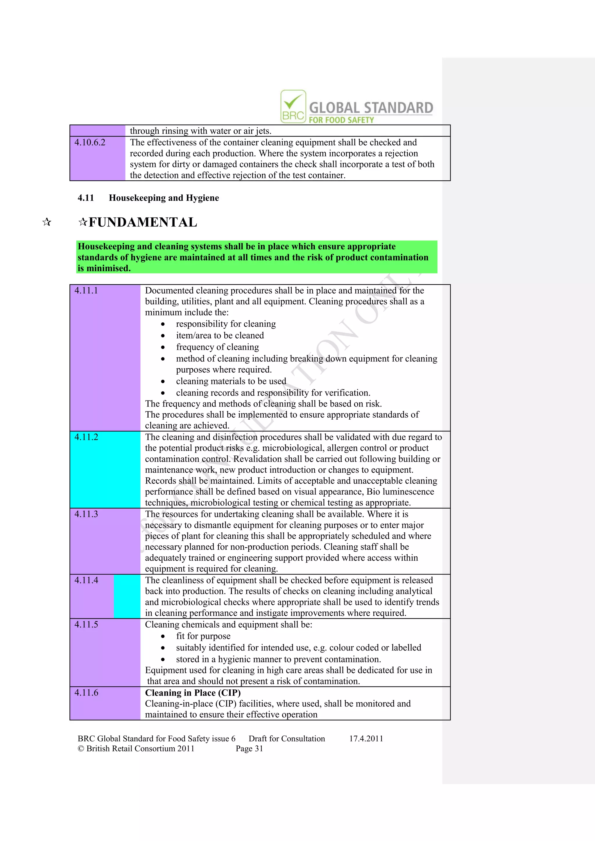 through rinsing with water or air jets.
    4.10.6.2       The effectiveness of the container cleaning equipment shall be checked and
                   recorded during each production. Where the system incorporates a rejection
                   system for dirty or damaged containers the check shall incorporate a test of both
                   the detection and effective rejection of the test container.

    4.11       Housekeeping and Hygiene

   FUNDAMENTAL
    Housekeeping and cleaning systems shall be in place which ensure appropriate
    standards of hygiene are maintained at all times and the risk of product contamination
    is minimised.

    4.11.1             Documented cleaning procedures shall be in place and maintained for the
                       building, utilities, plant and all equipment. Cleaning procedures shall as a
                       minimum include the:
                             responsibility for cleaning
                             item/area to be cleaned
                             frequency of cleaning
                             method of cleaning including breaking down equipment for cleaning
                                purposes where required.
                             cleaning materials to be used
                             cleaning records and responsibility for verification.
                       The frequency and methods of cleaning shall be based on risk.
                       The procedures shall be implemented to ensure appropriate standards of
                       cleaning are achieved.
    4.11.2             The cleaning and disinfection procedures shall be validated with due regard to
                       the potential product risks e.g. microbiological, allergen control or product
                       contamination control. Revalidation shall be carried out following building or
                       maintenance work, new product introduction or changes to equipment.
                       Records shall be maintained. Limits of acceptable and unacceptable cleaning
                       performance shall be defined based on visual appearance, Bio luminescence
                       techniques, microbiological testing or chemical testing as appropriate.
    4.11.3             The resources for undertaking cleaning shall be available. Where it is
                       necessary to dismantle equipment for cleaning purposes or to enter major
                       pieces of plant for cleaning this shall be appropriately scheduled and where
                       necessary planned for non-production periods. Cleaning staff shall be
                       adequately trained or engineering support provided where access within
                       equipment is required for cleaning.
    4.11.4             The cleanliness of equipment shall be checked before equipment is released
                       back into production. The results of checks on cleaning including analytical
                       and microbiological checks where appropriate shall be used to identify trends
                       in cleaning performance and instigate improvements where required.
    4.11.5             Cleaning chemicals and equipment shall be:
                             fit for purpose
                             suitably identified for intended use, e.g. colour coded or labelled
                             stored in a hygienic manner to prevent contamination.
                       Equipment used for cleaning in high care areas shall be dedicated for use in
                        that area and should not present a risk of contamination.
    4.11.6             Cleaning in Place (CIP)
                       Cleaning-in-place (CIP) facilities, where used, shall be monitored and
                       maintained to ensure their effective operation

    BRC Global Standard for Food Safety issue 6    Draft for Consultation    17.4.2011
    © British Retail Consortium 2011            Page 31
 