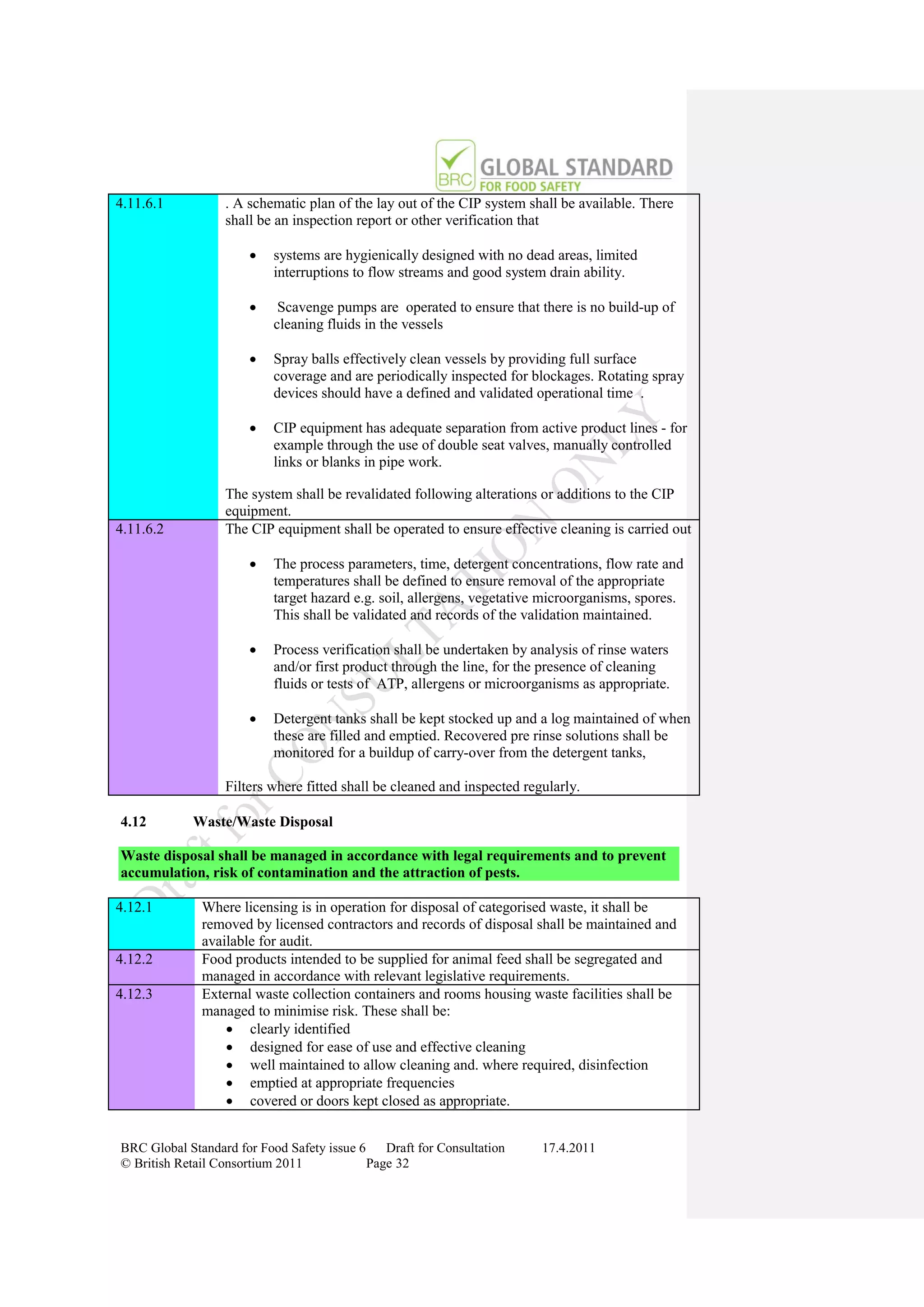 4.11.6.1          . A schematic plan of the lay out of the CIP system shall be available. There
                  shall be an inspection report or other verification that

                          systems are hygienically designed with no dead areas, limited
                           interruptions to flow streams and good system drain ability.

                           Scavenge pumps are operated to ensure that there is no build-up of
                           cleaning fluids in the vessels

                          Spray balls effectively clean vessels by providing full surface
                           coverage and are periodically inspected for blockages. Rotating spray
                           devices should have a defined and validated operational time .

                          CIP equipment has adequate separation from active product lines - for
                           example through the use of double seat valves, manually controlled
                           links or blanks in pipe work.

                  The system shall be revalidated following alterations or additions to the CIP
                  equipment.
4.11.6.2          The CIP equipment shall be operated to ensure effective cleaning is carried out

                          The process parameters, time, detergent concentrations, flow rate and
                           temperatures shall be defined to ensure removal of the appropriate
                           target hazard e.g. soil, allergens, vegetative microorganisms, spores.
                           This shall be validated and records of the validation maintained.

                          Process verification shall be undertaken by analysis of rinse waters
                           and/or first product through the line, for the presence of cleaning
                           fluids or tests of ATP, allergens or microorganisms as appropriate.

                          Detergent tanks shall be kept stocked up and a log maintained of when
                           these are filled and emptied. Recovered pre rinse solutions shall be
                           monitored for a buildup of carry-over from the detergent tanks,

                  Filters where fitted shall be cleaned and inspected regularly.

4.12        Waste/Waste Disposal

Waste disposal shall be managed in accordance with legal requirements and to prevent
accumulation, risk of contamination and the attraction of pests.

4.12.1        Where licensing is in operation for disposal of categorised waste, it shall be
              removed by licensed contractors and records of disposal shall be maintained and
              available for audit.
4.12.2        Food products intended to be supplied for animal feed shall be segregated and
              managed in accordance with relevant legislative requirements.
4.12.3        External waste collection containers and rooms housing waste facilities shall be
              managed to minimise risk. These shall be:
                   clearly identified
                   designed for ease of use and effective cleaning
                   well maintained to allow cleaning and. where required, disinfection
                   emptied at appropriate frequencies
                   covered or doors kept closed as appropriate.


BRC Global Standard for Food Safety issue 6    Draft for Consultation    17.4.2011
© British Retail Consortium 2011            Page 32
 