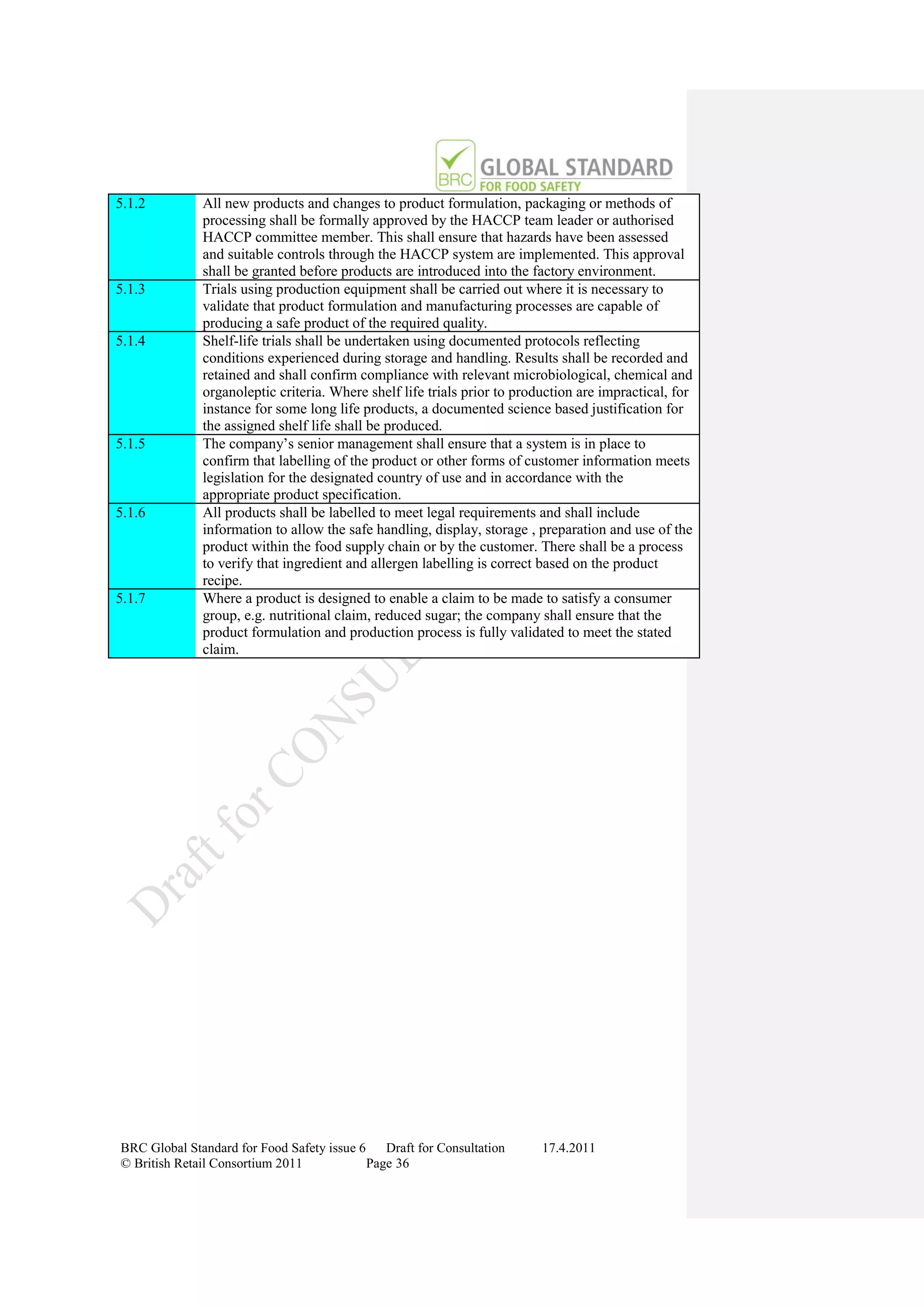 5.1.2         All new products and changes to product formulation, packaging or methods of
              processing shall be formally approved by the HACCP team leader or authorised
              HACCP committee member. This shall ensure that hazards have been assessed
              and suitable controls through the HACCP system are implemented. This approval
              shall be granted before products are introduced into the factory environment.
5.1.3         Trials using production equipment shall be carried out where it is necessary to
              validate that product formulation and manufacturing processes are capable of
              producing a safe product of the required quality.
5.1.4         Shelf-life trials shall be undertaken using documented protocols reflecting
              conditions experienced during storage and handling. Results shall be recorded and
              retained and shall confirm compliance with relevant microbiological, chemical and
              organoleptic criteria. Where shelf life trials prior to production are impractical, for
              instance for some long life products, a documented science based justification for
              the assigned shelf life shall be produced.
5.1.5         The company‟s senior management shall ensure that a system is in place to
              confirm that labelling of the product or other forms of customer information meets
              legislation for the designated country of use and in accordance with the
              appropriate product specification.
5.1.6         All products shall be labelled to meet legal requirements and shall include
              information to allow the safe handling, display, storage , preparation and use of the
              product within the food supply chain or by the customer. There shall be a process
              to verify that ingredient and allergen labelling is correct based on the product
              recipe.
5.1.7         Where a product is designed to enable a claim to be made to satisfy a consumer
              group, e.g. nutritional claim, reduced sugar; the company shall ensure that the
              product formulation and production process is fully validated to meet the stated
              claim.




BRC Global Standard for Food Safety issue 6    Draft for Consultation     17.4.2011
© British Retail Consortium 2011            Page 36
 