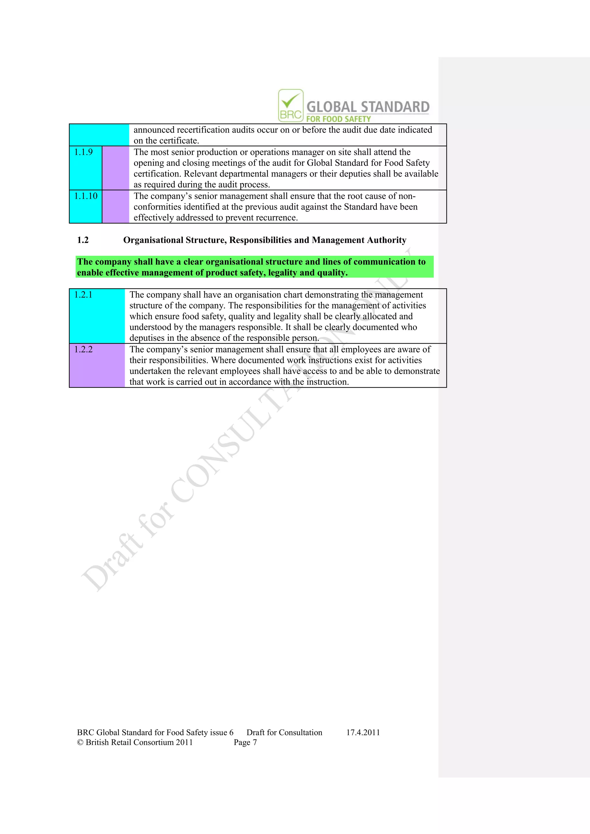 announced recertification audits occur on or before the audit due date indicated
               on the certificate.
1.1.9          The most senior production or operations manager on site shall attend the
               opening and closing meetings of the audit for Global Standard for Food Safety
               certification. Relevant departmental managers or their deputies shall be available
               as required during the audit process.
1.1.10         The company‟s senior management shall ensure that the root cause of non-
               conformities identified at the previous audit against the Standard have been
               effectively addressed to prevent recurrence.

1.2         Organisational Structure, Responsibilities and Management Authority

The company shall have a clear organisational structure and lines of communication to
enable effective management of product safety, legality and quality.

1.2.1         The company shall have an organisation chart demonstrating the management
              structure of the company. The responsibilities for the management of activities
              which ensure food safety, quality and legality shall be clearly allocated and
              understood by the managers responsible. It shall be clearly documented who
              deputises in the absence of the responsible person.
1.2.2         The company‟s senior management shall ensure that all employees are aware of
              their responsibilities. Where documented work instructions exist for activities
              undertaken the relevant employees shall have access to and be able to demonstrate
              that work is carried out in accordance with the instruction.




BRC Global Standard for Food Safety issue 6    Draft for Consultation   17.4.2011
© British Retail Consortium 2011            Page 7
 