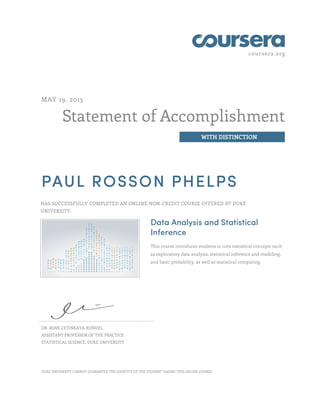coursera.org
Statement of Accomplishment
WITH DISTINCTION
MAY 19, 2015
PAUL ROSSON PHELPS
HAS SUCCESSFULLY COMPLETED AN ONLINE NON-CREDIT COURSE OFFERED BY DUKE
UNIVERSITY.
Data Analysis and Statistical
Inference
This course introduces students to core statistical concepts such
as exploratory data analysis, statistical inference and modeling,
and basic probability, as well as statistical computing.
DR. MINE ÇETINKAYA-RUNDEL
ASSISTANT PROFESSOR OF THE PRACTICE
STATISTICAL SCIENCE, DUKE UNIVERSITY
DUKE UNIVERSITY CANNOT GUARANTEE THE IDENTITY OF THE STUDENT TAKING THIS ONLINE COURSE.
 