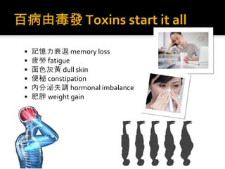 百病由毒發 Toxins start it all
• 記憶力衰退 memory loss
• 疲勞 fatigue
• 面色灰黃 dull skin
• 便秘 constipation
• 內分泌失調 hormonal imbalance
• 肥胖 weight gain
 