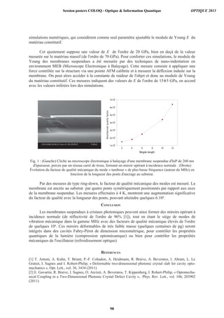simulations numériques, qui considèrent comme seul paramètre ajustable le module de Young E du
matériau constitutif.
Cet ajustement suppose une valeur de E de l'ordre de 20 GPa, bien en deçà de la valeur
mesurée sur le matériau massif (de l'ordre de 70 GPa). Pour conforter ces simulations, le module de
Young des membranes suspendues a été mesurée par des techniques de nano-indentation en
enviromment MEB (Microscope Electronique à Balayage). Cette mesure consiste à appliquer une
force contrôlée sur la structure via une pointe AFM calibrée et à mesurer la déflexion induite sur la
membrane. On peut alors accéder à la constante de raideur de l'objet et donc au module de Young
du matériau constitutif. Ces mesures indiquent des valeurs de E de l'ordre de 15 5 GPa, en accord
avec les valeurs inférées lors des simulations.
Fig. 1 : (Gauche) Cliché au microscope électronique à balayage d'une membrane suspendue d'InP de 260 nm
d'épaisseur, percée par un réseau carré de trous, formant un miroir opérant à incidence normale . (Droite)
Évolution du facteur de qualité mécanique du mode « tambour » de plus basse fréquence (autour du MHz) en
fonction de la longueur des ponts d'ancrage au substrat.
Par des mesures de type ring-down, le facteur de qualité mécanique des modes est mesuré. La
membrane est ancrée au substrat par quatre ponts symétriquement positionnés par rapport aux axes
de la membrane suspendue. Les mesures effectuées à 4 K, montrent une augmentation significative
du facteur de qualité avec la longueur des ponts, pouvant atteindre quelques 6.104
.
CONCLUSION
Les membranes suspendues à cristaux photoniques peuvent ainsi former des miroirs opérant à
incidence normale (de réflectivité de l'ordre de 96% [1]), tout en étant le siège de modes de
vibration mécanique dans la gamme MHz avec des facteurs de qualité mécanique élevés de l'ordre
de quelques 104
. Ces miroirs déformables de très faible masse (quelques centaines de pg) seront
intégrés dans des cavités Fabry-Pérot de dimension micrométrique, pour contrôler les propriétés
quantiques de la lumière (compression optomécanique) ou bien pour contrôler les propriétés
mécaniques de l'oscillateur (refroidissement optique).
Session posters COLOQ - Optique  Information Quantique OPTIQUE 2013
98
 