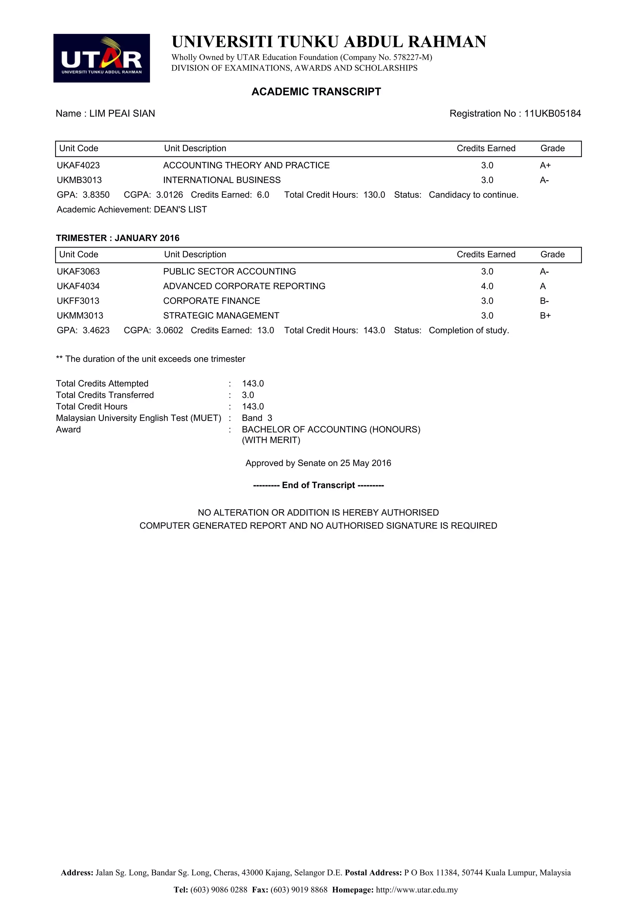 UNIVERSITI TUNKU ABDUL RAHMAN
Wholly Owned by UTAR Education Foundation (Company No. 578227-M)
DIVISION OF EXAMINATIONS, AWARDS AND SCHOLARSHIPS
ACADEMIC TRANSCRIPT
Name : LIM PEAI SIAN Registration No : 11UKB05184
Unit Code Unit Description Credits Earned Grade
UKAF4023 ACCOUNTING THEORY AND PRACTICE 3.0 A+
UKMB3013 INTERNATIONAL BUSINESS 3.0 A-
GPA: 3.8350 CGPA: 3.0126 Credits Earned: 6.0 Total Credit Hours: 130.0 Status: Candidacy to continue.
Academic Achievement: DEAN'S LIST
TRIMESTER : JANUARY 2016
Unit Code Unit Description Credits Earned Grade
UKAF3063 PUBLIC SECTOR ACCOUNTING 3.0 A-
UKAF4034 ADVANCED CORPORATE REPORTING 4.0 A
UKFF3013 CORPORATE FINANCE 3.0 B-
UKMM3013 STRATEGIC MANAGEMENT 3.0 B+
GPA: 3.4623 CGPA: 3.0602 Credits Earned: 13.0 Total Credit Hours: 143.0 Status: Completion of study.
** The duration of the unit exceeds one trimester
Total Credits Attempted : 143.0
Total Credits Transferred : 3.0
Total Credit Hours : 143.0
Malaysian University English Test (MUET) : Band 3
Award : BACHELOR OF ACCOUNTING (HONOURS)
(WITH MERIT)
Approved by Senate on 25 May 2016
--------- End of Transcript ---------
NO ALTERATION OR ADDITION IS HEREBY AUTHORISED
COMPUTER GENERATED REPORT AND NO AUTHORISED SIGNATURE IS REQUIRED
Address: Jalan Sg. Long, Bandar Sg. Long, Cheras, 43000 Kajang, Selangor D.E. Postal Address: P O Box 11384, 50744 Kuala Lumpur, Malaysia
Tel: (603) 9086 0288 Fax: (603) 9019 8868 Homepage: http://www.utar.edu.my
 