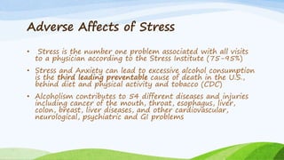 Adverse Affects of Stress
• Stress is the number one problem associated with all visits
to a physician according to the Stress Institute (75-95%)
• Stress and Anxiety can lead to excessive alcohol consumption
is the third leading preventable cause of death in the U.S.,
behind diet and physical activity and tobacco (CDC)
• Alcoholism contributes to 54 different diseases and injuries
including cancer of the mouth, throat, esophagus, liver,
colon, breast, liver diseases, and other cardiovascular,
neurological, psychiatric and GI problems
 
