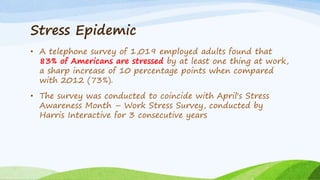 Stress Epidemic
• A telephone survey of 1,019 employed adults found that
83% of Americans are stressed by at least one thing at work,
a sharp increase of 10 percentage points when compared
with 2012 (73%).
• The survey was conducted to coincide with April's Stress
Awareness Month – Work Stress Survey, conducted by
Harris Interactive for 3 consecutive years
 
