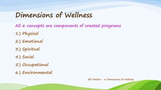 Dimensions of Wellness
All 6 concepts are components of created programs
1.) Physical
2.) Emotional
3.) Spiritual
4.) Social
5.) Occupational
6.) Environmental
Bill Hettler - 6 Dimensions of Wellness
 