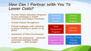 How Can I Partner With You To
Lower Costs?
• Provide Holistic Education Programs
to your employees in Health
Promotion and Disease Prevention
• Provide Disease Management
• Provide employees with individual
or group coaching in person or by
phone
• Assessment of Plant Environment
• Health risk assessments – Generate
customized employee health
programs - Data analysis
Mindfulness
Meditation
Program
Smoking
Cessation
Programs
Stress
Management
Programs
Nutrition
Education
Complementary
Integrative Pain
Management
Healthy Lifestyle
Training
Programs
 