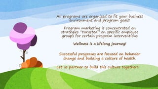 All programs are organized to fit your business
environment and program goals!
Program marketing is concentrated on
strategies “targeted” on specific employee
groups for certain program interventions
Wellness is a lifelong journey!
Successful programs are focused on behavior
change and building a culture of health.
Let us partner to build this culture together!!
 