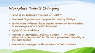 Workplace Trends Changing
• Focus is on building a “Culture of Health”
• Increased Organizational support for healthy lifestyle
• Seeing more evidence-based health promotion interventions
to encourage positive health behaviors
• Aging of the workforce
• Increase in depression, anxiety, diabetes – The WHO
estimates depression will be the most prominent disability in
the next decade
• Increase in employees with multiple chronic diseases
 