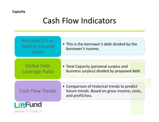 • Thisistheborrower’sdebtdividedbythe
borrower’sincome.
PersonalDTIor
DebttoIncome
Ratio
• TotalCapacity(personalsurplusand
businesssurplus)dividedbyproposeddebt
GlobalDebt
CoverageRatio
• Comparisonofhistoricaltrendstopredict
futuretrends.Basedongrossincome,costs,
andprofit/loss.
CashFlowTrends
CashFlowIndicators
Capacity
 