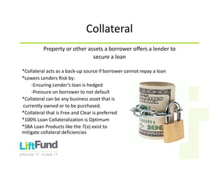 Collateral
Propertyorotherassetsaborroweroffersalenderto
securealoan
*Collateralactsasaback‐upsourceifborrowercannotrepayaloan
*LowersLendersRiskby:
‐EnsuringLender’sloanishedged
‐Pressureonborrowertonotdefault
*Collateralcanbeanybusinessassetthatis
currentlyownedortobepurchased.
*CollateralthatisFreeandClearispreferred
*100%LoanCollateralizationisOptimum
*SBALoanProductslikethe7(a)existto
mitigatecollateraldeficiencies
 