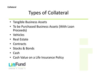 TypesofCollateral
• TangibleBusinessAssets
• TobePurchasedBusinessAssets(WithLoan
Proceeds)
• Vehicles
• RealEstate
• Contracts
• Stocks&Bonds
• Cash
• CashValueonaLifeInsurancePolicy
Collateral
 