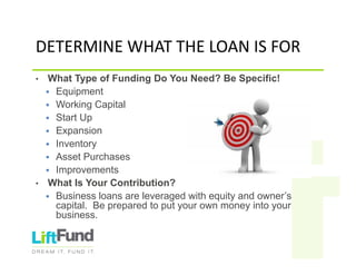 DETERMINEWHATTHELOANISFOR
• What Type of Funding Do You Need? Be Specific!
 Equipment
 Working Capital
 Start Up
 Expansion
 Inventory
 Asset Purchases
 Improvements
• What Is Your Contribution?
 Business loans are leveraged with equity and owner’s
capital. Be prepared to put your own money into your
business.
 
