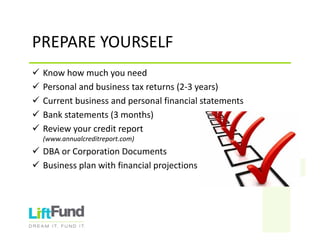 PREPAREYOURSELF
 Knowhowmuchyouneed
 Personalandbusinesstaxreturns(2‐3years)
 Currentbusinessandpersonalfinancialstatements
 Bankstatements(3months)
 Reviewyourcreditreport
(www.annualcreditreport.com)
 DBAorCorporationDocuments
 Businessplanwithfinancialprojections
 