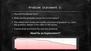 Problem Statement 2:
▪ How did the Ravine form?
▪ What are the probable causes for it’s formation?
▪ The valleys and ravines are usually a function of gradient i.e., more
the gradient, deeper is the valley or the ravine.
▪ Coastal areas are known for very low gradients.
Need for an Explanation??
 