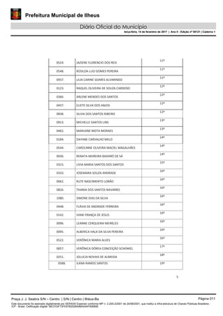 Prefeitura Municipal de Ilheus
Diário Oficial do Município
terça-feira, 14 de fevereiro de 2017 | Ano II - Edição nº 00121 | Caderno 1
5
0524. JAZIENE FLORENCIO DOS REIS
11º
0548. ROSILDA LUIZ GOMES PEREIRA
11º
0937. LILIA CARINE SOARES ALVARINDO
11º
0123. RAQUEL OLIVEIRA DE SOUZA CARDOSO
12º
0366. ARLENE MENDES DOS SANTOS
12º
0437. ELIETE SILVA DOS ANJOS
12º
0838. SILVIA DOS SANTOS RIBEIRO
12º
0913. MICHELLE SANTOS LINS
13º
0462. MARIJANE MOTA MORAES
13º
0184. DAYANE CARVALHO MELO
14º
0544. CAROLINNE OLIVEIRA MACIEL MAGALHÃES
14º
0036. RENATA MOREIRA BADARÓ DE SÁ
14º
0315. LIVIA MARIA SANTOS DOS SANTOS
15º
0333. JOSEMARA SOUZA ANDRADE
16º
0062. RUTE NASCIMENTO LOBÃO
16º
0826. THANIA DOS SANTOS NAVARRO
16º
1080. SIMONE DIAS DA SILVA
16º
0448. FLÁVIA DE ANDRADE FERREIRA
16º
0142. IVANI FRANÇA DE JESUS
16º
0096. LEANNE CERQUEIRA MEIRELES
16º
0095. ALBERICA HALA DA SILVA PEREIRA
16º
0522. VERÔNICA MARIA ALVES
16º
0057. VERÔNICA DÓREA CONCEIÇÃO SCHENKEL
17º
0251. JOLUCIA NOVAIS DE ALMEIDA
18º
0588. ILANA RAMOS SANTOS 19º
Praça J. J. Seabra S/N – Centro | S/N | Centro | Ilhéus-Ba Página 011
Este documento foi assinado digitalmente por SERASA Experian conforme MP n. 2.200-2/2001 de 24/08/2001, que institui a infra-estrutura de Chaves Públicas Brasileira -
ICP - Brasil. Cetificação diigital: 56CF03F73FE97B252BA96A04AF90689E
Prefeitura Municipal de Ilheus
Diário Oficial do Município
terça-feira, 14 de fevereiro de 2017 | Ano II - Edição nº 00121 | Caderno 1
 