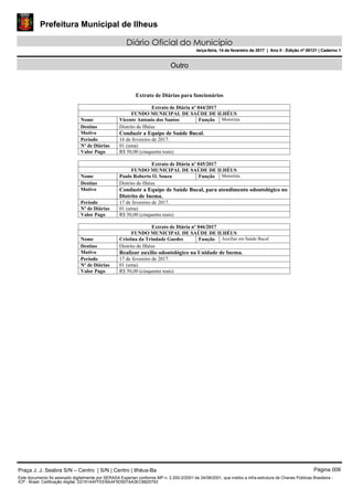 Prefeitura Municipal de Ilheus
Diário Oficial do Município
terça-feira, 14 de fevereiro de 2017 | Ano II - Edição nº 00121 | Caderno 1
Outro
Extrato de Diárias para funcionários
Extrato de Diária nº 044/2017
FUNDO MUNICIPAL DE SAÚDE DE ILHÉUS
Nome Vicente Antonio dos Santos Função Motorista
Destino Distrito de Ilhéus
Motivo Conduzir a Equipe de Saúde Bucal.
Período 16 de fevereiro de 2017.
Nº de Diárias 01 (uma)
Valor Pago R$ 50,00 (cinquenta reais)
Extrato de Diária nº 045/2017
FUNDO MUNICIPAL DE SAÚDE DE ILHÉUS
Nome Paulo Roberto O. Souza Função Motorista
Destino Distrito de Ilhéus
Motivo Conduzir a Equipe de Saúde Bucal, para atendimento odontológico no
Distrito de Inema.
Período 17 de fevereiro de 2017.
Nº de Diárias 01 (uma)
Valor Pago R$ 50,00 (cinquenta reais)
Extrato de Diária nº 046/2017
FUNDO MUNICIPAL DE SAÚDE DE ILHÉUS
Nome Cristina da Trindade Guedes Função Auxiliar em Saúde Bucal
Destino Distrito de Ilhéus
Motivo Realizar auxilio odontológico na Unidade de Inema.
Período 17 de fevereiro de 2017.
Nº de Diárias 01 (uma)
Valor Pago R$ 50,00 (cinquenta reais)
Praça J. J. Seabra S/N – Centro | S/N | Centro | Ilhéus-Ba Página 006
Este documento foi assinado digitalmente por SERASA Experian conforme MP n. 2.200-2/2001 de 24/08/2001, que institui a infra-estrutura de Chaves Públicas Brasileira -
ICP - Brasil. Cetificação diigital: D21914AFFEEBAAF5D507AA3EC8825793
Prefeitura Municipal de Ilheus
Diário Oficial do Município
terça-feira, 14 de fevereiro de 2017 | Ano II - Edição nº 00121 | Caderno 1
 