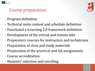 Course preparation
• Program definition
• Technical units content and schedule definition
• Functional e-Learning 2.0 framework definition
• Development of the virtual and remote labs
• Preparatory courses for instructors and technicians
• Preparation of class and study materials
• Preparation of the practical and lab assignments
• Course accreditation
• Students’ selection and enrolling
3
 