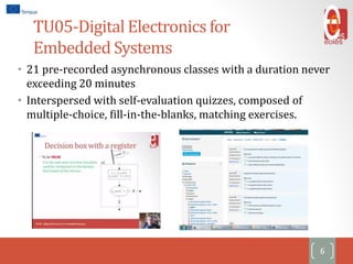 TU05-Digital Electronics for
Embedded Systems
• 21 pre-recorded asynchronous classes with a duration never
exceeding 20 minutes
• Interspersed with self-evaluation quizzes, composed of
multiple-choice, fill-in-the-blanks, matching exercises.
6
 
