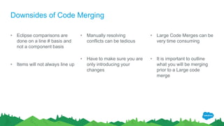 Downsides of Code Merging
• Eclipse comparisons are
done on a line # basis and
not a component basis
• Items will not always line up
• Manually resolving
conflicts can be tedious
• Have to make sure you are
only introducing your
changes
• Large Code Merges can be
very time consuming
• It is important to outline
what you will be merging
prior to a Large code
merge
 