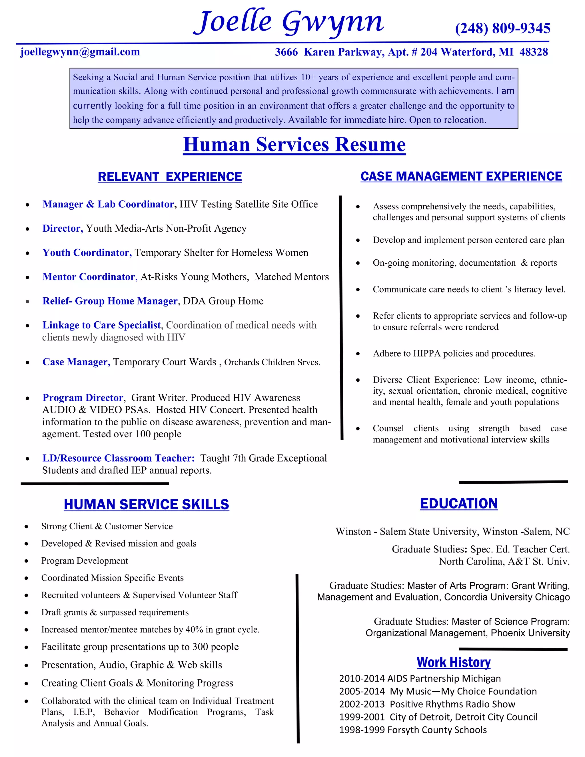 Joelle Gwynn's case management resume