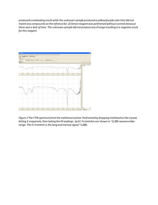 produced a misleading result while the unknown sampleproduced a yellow/purplecolorthatdid not
match any compoundson therefrencelist. d) Simon reagentwasperfromed withoutcontrolsbecause
there wasa lack of time. The unknown sampledid notproduceany changeresulting in a negativeresult
forthis reagent.
Figure 2 The FTIR spectrumfromthe methanolcontrol.Perfromed by dropping methanolon thecrystal,
letting it evaporate,then taking theIRreadings. Sp3C-H stretchesare shown in ~3,200 wavenumber
range.The O-Hstretch is the long and narrow signal~1,000.
 