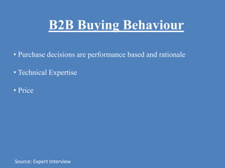 B2B Buying Behaviour
• Purchase decisions are performance based and rationale
• Technical Expertise
• Price
Source: Expert Interview
 