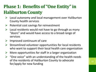 Phase 1: Benefits of “One Entity” in
Haliburton County
 Local autonomy and local management over Haliburton
County health services
 Potential cost savings for reinvestment
 Local residents would not have to go through as many
“doors” and would have access to a broad range of
services
 Improved continuum of care
 Streamlined volunteer opportunities for local residents
who want to support their local health care organization
 More opportunities for staff in a larger organization
 “One voice” with an understanding of the health needs
of the residents of Haliburton County to advocate
for/apply for new funding
10
 
