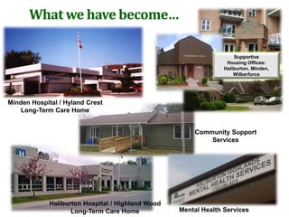 Minden Hospital / Hyland Crest
Long-Term Care Home
Haliburton Hospital / Highland Wood
Long-Term Care Home
Community Support
Services
Supportive
Housing Offices:
Haliburton, Minden,
Wilberforce
What we have become…
Mental Health Services
 
