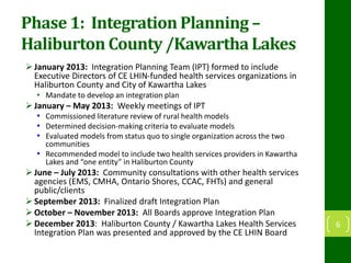 Phase 1: Integration Planning –
Haliburton County /Kawartha Lakes
 January 2013: Integration Planning Team (IPT) formed to include
Executive Directors of CE LHIN-funded health services organizations in
Haliburton County and City of Kawartha Lakes
• Mandate to develop an integration plan
 January – May 2013: Weekly meetings of IPT
• Commissioned literature review of rural health models
• Determined decision-making criteria to evaluate models
• Evaluated models from status quo to single organization across the two
communities
• Recommended model to include two health services providers in Kawartha
Lakes and “one entity” in Haliburton County
 June – July 2013: Community consultations with other health services
agencies (EMS, CMHA, Ontario Shores, CCAC, FHTs) and general
public/clients
 September 2013: Finalized draft Integration Plan
 October – November 2013: All Boards approve Integration Plan
 December 2013: Haliburton County / Kawartha Lakes Health Services
Integration Plan was presented and approved by the CE LHIN Board
6
 
