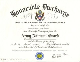 FROM THE ARMED FORCES OF THE UNITED STATES OF AMERICA
^c&r£ju/ sd/Larf
Specialist Gregory Albert Manns, Jr.
Armu Natinnal/? _.4Jr.
^x/ Florida
6th
^Sl€Ae?'^V€/
da/y ^ July 1997
S$r?n/u/
"This discharge does not relieve the individual named herein from any unfulfilled obligation to perform military service which may be imposed on him/her by law.
1 SEP 85 55 fffep/aces NGB Form 55, dated 2 Jan 82, which «obsolete)
Mark E. Bergman
MAJ (P), AV
 