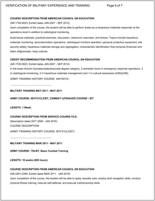COURSE DESCRIPTION FROM AMERICAN COUNCIL ON EDUCATION:
(AR-1720-0023, Exhibit dates JAN 2007 - SEP 2012)
Upon completion of the course, the student will be able to perform duties as a hazardous materials responder at the
operations level in addition to radiological monitoring.
Audiovisual materials, practical exercises, discussion, classroom exercises, and lecture. Topics include hazardous
materials monitoring; decontamination operations, radiological monitors operation; personal protective equipment; site
security safety; hazardous materials storage and segregation; characteristic identification that comprise American and
Islam (Afghanistan, Iraq) cultures.
CREDIT RECOMMENDATION FROM AMERICAN COUNCIL ON EDUCATION
(AR-1720-0023, Exhibit dates JAN 2007 - SEP 2012)
In the lower-division baccalaureate/associate degree category, 3 semester hours in emergency response operations, 3
in radiological monitoring, 2 in hazardous materials management and 1 in cultural awareness (4/08)(4/08).
(ARMY TRAINING HISTORY COURSE: 49474D10)
MILITARY TRAINING:MAY 2011 - MAY 2011
ARMY COURSE: 081F31CLCIET, COMBAT LIFESAVER COURSE - IET
LENGTH: 1 Week.
COURSE DESCRIPTION FROM SERVICE COURSE FILE:
(Description dates OCT 2008 - JAN 2016)
COURSE DESCRIPTION
(ARMY TRAINING HISTORY COURSE: 081F31CLCIET)
MILITARY TRAINING:MAR 2011 - MAY 2011
ARMY COURSE: 750-BT, Basic Combat Training
LENGTH: 10 weeks (605 hours)
COURSE DESCRIPTION FROM AMERICAN COUNCIL ON EDUCATION:
(AR-2201-0399, Exhibit dates MAR 2011 - JAN 2016)
Upon completion of the course, the student will be able to apply casualty care; employ land navigation skills; conduct
physical fitness training; execute self-defense; and execute marksmanship skills.
_____________________________
_____________________________
VERIFICATION OF MILITARY EXPERIENCE AND TRAINING Page 6 of 7
 