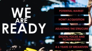 WE POTENTIAL MARKET
HOW? ACQUISITION
ADJUSTING THE STRUCURE
ARE
READY DIGITAL FOCUS AND
TICKETMASTER
4-6 YEARS OF BREAKEVEN
 