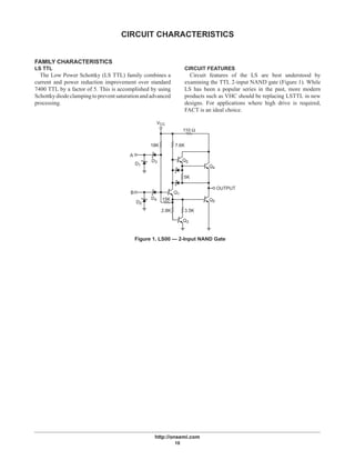 http://onsemi.com
10
CIRCUIT CHARACTERISTICS
FAMILY CHARACTERISTICS
LS TTL
The Low Power Schottky (LS TTL) family combines a
current and power reduction improvement over standard
7400 TTL by a factor of 5. This is accomplished by using
Schottkydiodeclampingtopreventsaturationandadvanced
processing.
CIRCUIT FEATURES
Circuit features of the LS are best understood by
examining the TTL 2-input NAND gate (Figure 1). While
LS has been a popular series in the past, more modern
products such as VHC should be replacing LSTTL in new
designs. For applications where high drive is required,
FACT is an ideal choice.
110 Ω
Q4
OUTPUT
Q3
3.5K
15KD4
B
A
D3
D1
7.6K
Q2
5K
Q1
Q5
18K
D2
2.8K
Figure 1. LS00 — 2-Input NAND Gate
VCC
 