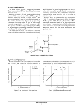 http://onsemi.com
12
OUTPUT CONFIGURATION
The output circuitry of LSTTL has several features not
found in conventional TTL. A few of these features are
discussed below.
Referring to Figure 1, the base of the pull-down output
transistor Q5 is returned to ground through Q3 and a pair of
resistors instead of through a simple resistor. This
arrangement is called a squaring network since it squares up
the transfer characteristics (Figure 5) by preventing
conduction in the phase splitter Q1 until the input voltage
rises high enough to allow Q1 to supply base current to Q5.
The squaring network also improves the propagation delay
by providing a low resistance path to discharge capacitance
at the base of Q5 during turn-off.
The output pull-up circuit is a 2-transistor Darlington
circuitwiththebaseoftheoutputtransistorreturnedthrough
a 5.0K resistor to the output terminals, unlike 74H and 74S
where it is returned to ground which is a more power
consuming configuration. This configuration allows the
output to pull up to one VBE below VCC for low values of
output current.
Figure 6 shows the extra circuitry used to obtain the
“high Z” condition in 3-state outputs. When the Output
Enable signal is HIGH, both the phase splitter and the
Darlington pull-up are turned off. In this condition the
output circuitry is non-conducting, which allows the outputs
oftwoormoresuchcircuitstobeconnectedtogetherinabus
application wherein only one output is enabled at any
particular time.
VCC
OUTPUT
Q5
ACTIVE
PULLDOWN
FROM
LOGIC
Figure 6. Typical 3-State Output Control
OUTPUT
ENABLE
OUTPUT CHARACTERISTICS
Figure 7 shows the LOW-state output characteristics for
LS. For LOW IOL values, the pull-down transistor is
clamped out of deep saturation to shorten the turn-off delay.
Figure 8 shows the HIGH-state output characteristics.
LS00
LS240
1
0.5
0
50 100 150 2000 20 40 60
0
0.5
1
IOL, OUTPUT CURRENT (mA)
VOL,OUTPUTVOLTAGE(VOLTS)
VOL,OUTPUTVOLTAGE(VOLTS)
TA = 25°C
VCC = 4.5 V
IOL, OUTPUT CURRENT (mA)
Figure 7. (a) Output Low Characteristic Figure 7. (b) Output Low Characteristic
TA = 25°C
VCC = 4.5 V
 