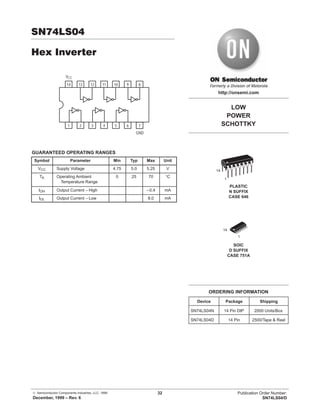 © Semiconductor Components Industries, LLC, 1999
December, 1999 – Rev. 6
32 Publication Order Number:
SN74LS04/D
SN74LS04
Hex Inverter
14 13 12 11 10 9
1 2 3 4 5 6
VCC
8
7
GND
GUARANTEED OPERATING RANGES
Symbol Parameter Min Typ Max Unit
VCC Supply Voltage 4.75 5.0 5.25 V
TA Operating Ambient
Temperature Range
0 25 70 °C
IOH Output Current – High –0.4 mA
IOL Output Current – Low 8.0 mA
LOW
POWER
SCHOTTKY
SOIC
D SUFFIX
CASE 751A
http://onsemi.com
PLASTIC
N SUFFIX
CASE 646
14
1
14
1
Device Package Shipping
ORDERING INFORMATION
SN74LS04N 14 Pin DIP 2000 Units/Box
SN74LS04D 14 Pin 2500/Tape & Reel
 