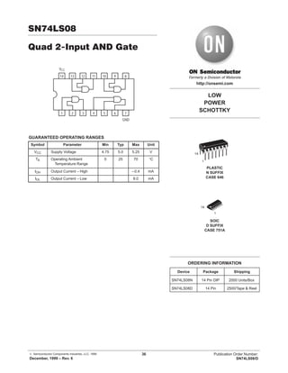 © Semiconductor Components Industries, LLC, 1999
December, 1999 – Rev. 6
36 Publication Order Number:
SN74LS08/D
SN74LS08
Quad 2-Input AND Gate
14 13 12 11 10 9
1 2 3 4 5 6
VCC
8
7
GND
GUARANTEED OPERATING RANGES
Symbol Parameter Min Typ Max Unit
VCC Supply Voltage 4.75 5.0 5.25 V
TA Operating Ambient
Temperature Range
0 25 70 °C
IOH Output Current – High –0.4 mA
IOL Output Current – Low 8.0 mA
LOW
POWER
SCHOTTKY
SOIC
D SUFFIX
CASE 751A
http://onsemi.com
PLASTIC
N SUFFIX
CASE 646
14
1
14
1
Device Package Shipping
ORDERING INFORMATION
SN74LS08N 14 Pin DIP 2000 Units/Box
SN74LS08D 14 Pin 2500/Tape & Reel
 