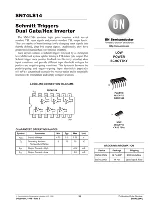 © Semiconductor Components Industries, LLC, 1999
December, 1999 – Rev. 0
38 Publication Order Number:
SN74LS14/D
SN74LS14
Schmitt Triggers
Dual Gate/Hex Inverter
The SN74LS14 contains logic gates/inverters which accept
standard TTL input signals and provide standard TTL output levels.
They are capable of transforming slowly changing input signals into
sharply defined, jitter-free output signals. Additionally, they have
greater noise margin than conventional inverters.
Each circuit contains a Schmitt trigger followed by a Darlington
level shifter and a phase splitter driving a TTL totem pole output. The
Schmitt trigger uses positive feedback to effectively speed-up slow
input transitions, and provide different input threshold voltages for
positive and negative-going transitions. This hysteresis between the
positive-going and negative-going input thresholds (typically
800 mV) is determined internally by resistor ratios and is essentially
insensitive to temperature and supply voltage variations.
LOGIC AND CONNECTION DIAGRAMS
SN74LS14
14 13 12 11 10 9
1 2 3 4 5 6
VCC
8
7
GND
GUARANTEED OPERATING RANGES
Symbol Parameter Min Typ Max Unit
VCC Supply Voltage 4.75 5.0 5.25 V
TA Operating Ambient
Temperature Range
0 25 70 °C
IOH Output Current – High –0.4 mA
IOL Output Current – Low 8.0 mA
LOW
POWER
SCHOTTKY
SOIC
D SUFFIX
CASE 751A
http://onsemi.com
PLASTIC
N SUFFIX
CASE 646
14
1
14
1
Device Package Shipping
ORDERING INFORMATION
SN74LS14N 14 Pin DIP 2000 Units/Box
SN74LS14D 14 Pin 2500/Tape & Reel
 