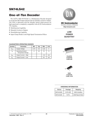 © Semiconductor Components Industries, LLC, 1999
December, 1999 – Rev. 6
45 Publication Order Number:
SN74LS42/D
SN74LS42
One-of-Ten Decoder
The LSTTL/MSI SN74LS42 is a Multipurpose Decoder designed
to accept four BCD inputs and provide ten mutually exclusive outputs.
The LS42 is fabricated with the Schottky barrier diode process for
high speed and is completely compatible with all ON Semiconductor
TTL families.
• Multifunction Capability
• Mutually Exclusive Outputs
• Demultiplexing Capability
• Input Clamp Diodes Limit High Speed Termination Effects
GUARANTEED OPERATING RANGES
Symbol Parameter Min Typ Max Unit
VCC Supply Voltage 4.75 5.0 5.25 V
TA Operating Ambient
Temperature Range
0 25 70 °C
IOH Output Current – High –0.4 mA
IOL Output Current – Low 8.0 mA
LOW
POWER
SCHOTTKY
Device Package Shipping
ORDERING INFORMATION
SN74LS42N 16 Pin DIP 2000 Units/Box
SN74LS42D 16 Pin
SOIC
D SUFFIX
CASE 751B
http://onsemi.com
2500/Tape & Reel
PLASTIC
N SUFFIX
CASE 648
16
1
16
1
 