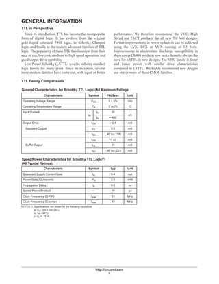 http://onsemi.com
6
GENERAL INFORMATION
TTL in Perspective
Since its introduction, TTL has become the most popular
form of digital logic. It has evolved from the original
gold-doped saturated 7400 logic, to Schottky-Clamped
logic, and finally to the modern advanced families of TTL
logic. The popularity of these TTL families stem from their
ease of use, low cost, medium-to-high speed operation, and
good output drive capability.
Low Power Schottky (LSTTL) was the industry standard
logic family for many years. Since its inception, several
more modern families have come out, with equal or better
performance. We therefore recommend the VHC, High
Speed and FACT products for all new 5.0 Volt designs.
Further improvements in power reduction can be achieved
using the LVX, LCX or VCX running at 3.3 Volts.
Improvements in electrostatic discharge susceptibility in
thesenewer CMOS products now make them the obviate the
need for LSTTL in new designs. The VHC family is faster
and lower power with similar drive characteristics
compared to LSTTL. We highly recommend new designs
use one or more of these CMOS families.
TTL Family Comparisons
General Characteristics for Schottky TTL Logic (All Maximum Ratings)
Characteristic Symbol 74LSxxx Unit
Operating Voltage Range VCC 5 ± 5% Vdc
Operating Temperature Range TA 0 to 70 °C
Input Current
IIN
IIH 20
µAIIN
IIL –400
µA
Output Drive IOH –0.4 mA
Standard Output IOL 8.0 mA
ISC –20 to –100 mA
IOH –15 mA
Buffer Output IOL 24 mA
ISC –40 to –225 mA
Speed/Power Characteristics for Schottky TTL Logic(1)
(All Typical Ratings)
Characteristic Symbol Typ Unit
Quiescent Supply Current/Gate IG 0.4 mA
Power/Gate (Quiescent) PG 2.0 mW
Propagation Delay tp 9.0 ns
Speed Power Product — 18 pJ
Clock Frequency (D-F/F) fmax 33 MHz
Clock Frequency (Counter) fmax 40 MHz
NOTES: 1. Specifications are shown for the following conditions:
NOTES: 1. a) VCC = 5.0 Vdc (AC),
NOTES: 1. b) TA = 25°C,
NOTES: 1. c) CL = 15 pF.
 