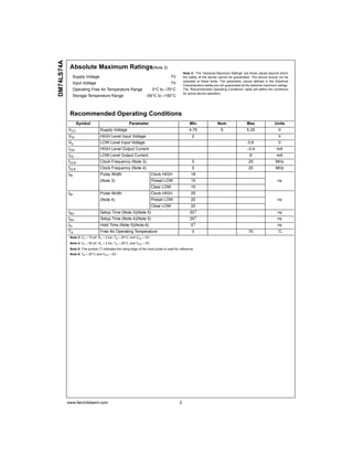 www.fairchildsemi.com 2
DM74LS74A
Absolute Maximum Ratings(Note 2)
Note 2: The “Absolute Maximum Ratings” are those values beyond which
the safety of the device cannot be guaranteed. The device should not be
operated at these limits. The parametric values defined in the Electrical
Characteristics tables are not guaranteed at the absolute maximum ratings.
The “Recommended Operating Conditions” table will define the conditions
for actual device operation.
Recommended Operating Conditions
Note 3: CL = 15 pF, RL = 2 kΩ, TA = 25°C, and VCC = 5V.
Note 4: CL = 50 pF, RL = 2 kΩ, TA = 25°C, and VCC = 5V.
Note 5: The symbol (↑) indicates the rising edge of the clock pulse is used for reference.
Note 6: TA = 25°C and VCC = 5V.
Supply Voltage 7V
Input Voltage 7V
Operating Free Air Temperature Range 0°C to +70°C
Storage Temperature Range −65°C to +150°C
Symbol Parameter Min Nom Max Units
VCC Supply Voltage 4.75 5 5.25 V
VIH HIGH Level Input Voltage 2 V
VIL LOW Level Input Voltage 0.8 V
IOH HIGH Level Output Current −0.4 mA
IOL LOW Level Output Current 8 mA
fCLK Clock Frequency (Note 3) 0 25 MHz
fCLK Clock Frequency (Note 4) 0 20 MHz
tW Pulse Width Clock HIGH 18
(Note 3) Preset LOW 15 ns
Clear LOW 15
tW Pulse Width Clock HIGH 25
(Note 4) Preset LOW 20 ns
Clear LOW 20
tSU Setup Time (Note 3)(Note 5) 20↑ ns
tSU Setup Time (Note 4)(Note 5) 25↑ ns
tH Hold Time (Note 5)(Note 6) 0↑ ns
TA Free Air Operating Temperature 0 70 °C
 
