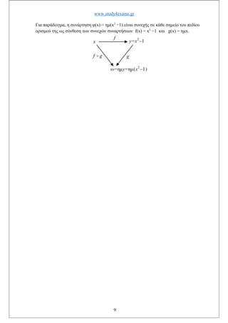 www.study4exams.gr
Για παράδειγμα, η συνάρτηση φ(x) = ημ(x2
−1) είναι συνεχής σε κάθε σημείο του πεδίου
ορισμού της ως σύνθεση των συνεχών συναρτήσεων f(x) = x2
−1 και g(x) = ημx.
9
 