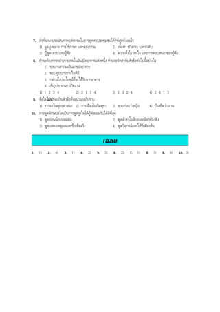 7. สิ่งที่นํามาประเมินคาพฤติกรรมในการพูดตอประชุมชนไดดีที่สุดคืออะไร
1) จุดมุงหมาย การใชภาษา และคุณธรรม 2) เนื้อหา ปริมาณ และลําดับ
3) ผูพูด สาร และผูฟง 4) ความตั้งใจ สนใจ และการตอบสนองของผูฟง
8. ถาจะตองการกลาวรายงานในวันเปดอาคารแหงหนึ่ง ทานจะจัดลําดับหัวขอตอไปนี้อยางไร
1. รายงานความเปนมาของอาคาร
2. ขอบคุณประธานในพิธี
3. กลาวถึงประโยชนที่จะไดรับจากอาคาร
4. เชิญประธานฯ เปดงาน
1) 1 2 3 4 2) 2 1 3 4 3) 1 3 2 4 4) 2 4 1 3
9. ขอใดไมนาจะเปนหัวขอที่จะนํามาอภิปราย
1) ธรรมะในพุทธศาสนา 2) การเมืองในกัมพูชา 3) ชายเกงกวาหญิง 4) บัณฑิตวางงาน
10. การพูดลักษณะใดเปนการพูดจูงใจใหผูฟงยอมรับไดดีที่สุด
1) พูดออนนอมถอมตน 2) พูดดวยนํ้าเสียงและลีลาที่นาฟง
3) พูดแสดงเหตุผลและขอเท็จจริง 4) พูดวิจารณและใหขอคิดเห็น
เฉลย
1. 1) 2. 4) 3. 1) 4. 2) 5. 3) 6. 2) 7. 1) 8. 3) 9. 3) 10. 3)
BOBBYtutor Thai Note
 