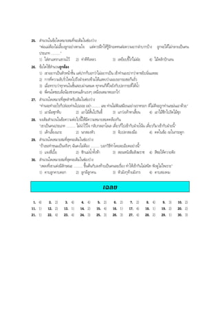 25. สํานวนในขอใดเหมาะสมที่จะเติมในชองวาง
"พอแมตองไมเลี้ยงลูกอยางตามใจ แตควรฝกใหรูจักอดทนตอความยากลําบากบาง ลูกจะไดไมกลายเปนคน
ประเภท .........."
1) ใสสาแหรกแขวนไว 2) ทาดีทีเหลว 3) เหยียบขี้ไกไมฝอ 4) ไมหลักปกเลน
26. ขอใดใชสํานวนถูกตอง
1) เขาอยากเปนหัวหนาชั้น แตปากก็บอกวาไมอยากเปน เขาทํานองปากวาตาขยิบนั่นแหละ
2) การที่ความลับรั่วไหลไปถึงฝายตรงขามไดแสดงวาเผอเรอกระเชอกนรั่ว
3) เมื่อทราบวาทุกคนในชั้นสอบผานหมด ทุกคนก็ดีใจยังกับปลากระดี่ไดนํ้า
4) พี่คนโตชอบลอนองชายคนเล็กแรงๆ เหมือนหมาหยอกไก
27. สํานวนใดเหมาะที่สุดสําหรับเติมในชองวาง
"ทานจะทําอะไรก็ปลอยทานไปเถอะ อยา .......... เลย ทานไมฟงเสมียนอยางเราหรอก ดีไมดีจะถูกทานเขมนเอาดวย"
1) เอามือซุกหีบ 2) เอาไมสั้นไปรันขี้ 3) แกวงเทาหาเสี้ยน 4) เอาไมซีกไปงัดไมซุง
28. จงเติมสํานวนในขอความตอไปนี้ใหมีความหมายสอดคลองกัน
"เขาเปนคนประเภท .......... ไมนาไวใจ กลับกลอกโลเล เดี๋ยวก็ไปเขากับฝายโนน เดี๋ยวก็มาเขากับฝายนี้"
1) เด็กเลี้ยงแกะ 2) นกสองหัว 3) จับปลาสองมือ 4) คดในขอ งอในกระดูก
29. สํานวนใดเหมาะสมที่สุดจะเติมในชองวาง
"ถาเธอทําขนมเปนจริงๆ ฉันคงไมตอง .......... บอกวิธีทําโดยละเอียดอยางนี้"
1) แจงสี่เบี้ย 2) ชักแมนํ้าทั้งหา 3) สอนหนังสือสังฆราช 4) สีซอใหควายฟง
30. สํานวนใดเหมาะสมที่สุดจะเติมในชองวาง
"เพลงที่เขาแตงมีลักษณะ .......... ขึ้นตนกับลงทายเปนคนละเรื่อง ทําใหเขากันไมสนิท ฟงดูไมไพเราะ"
1) คาบลูกคาบดอก 2) ลูกผีลูกคน 3) หัวมังกุทายมังกร 4) ดาบสองคม
เฉลย
1. 4) 2. 2) 3. 4) 4. 4) 5. 2) 6. 2) 7. 2) 8. 4) 9. 3) 10. 2)
11. 1) 12. 2) 13. 1) 14. 2) 15. 4) 16. 1) 17. 4) 18. 1) 19. 2) 20. 2)
21. 1) 22. 4) 23. 4) 24. 3) 25. 3) 26. 3) 27. 4) 28. 2) 29. 1) 30. 3)
BOBBYtutor Thai Note
 